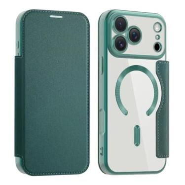 Imagem de SFDSUH Capa Flip Magnética em Couro PU com Revestimento Transparente para iPhone 16e, Suporte para Cartão e Porta-Objetos (Para iPhone 16e/Verde)