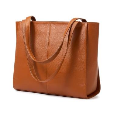 Imagem de UEIRY Bolsa feminina de couro legítimo, bolsas de ombro femininas grandes, bolsas de mão com compartimentos, Marrom, Large