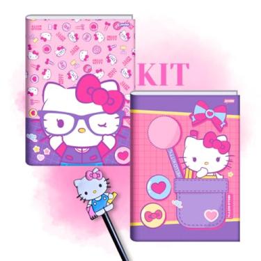 Imagem de KIT 2 Cadernos Hello Kitty Brochurão + 1 Lápis con ponteira. 1 KIT Escolar Brochura Costurado Universitario Capa Dura (Bolsinho + Óculos)