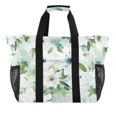 Imagem de Wassud Sacolas de compras reutilizáveis com estampa floral branca grande bolsa organizadora de lona impermeável para praia, piquenique, lavanderia, viagem