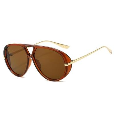 Imagem de Óculos de Sol Feminino Oversized com Ponte Dupla, Cores Vibrantes, Estilo Punk, Proteção UV400, Ideal para Esportes ao Ar Livre, Corrida e Ciclismo, Cor Marrom Chá