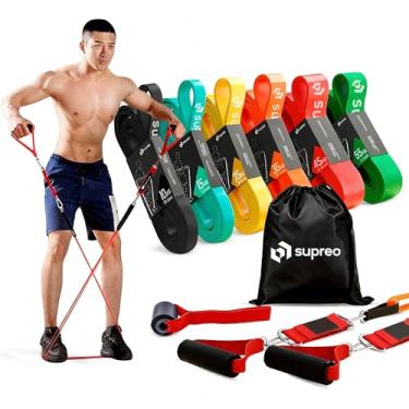 Imagem de Kit com 6 Faixas Elásticas Super Band de Resistência Inclui Alças, Âncora de Porta e Bolsa Para Treino em Casa, Musculação, Yoga e Pilates 6 Níveis de Leve ao Extra Forte