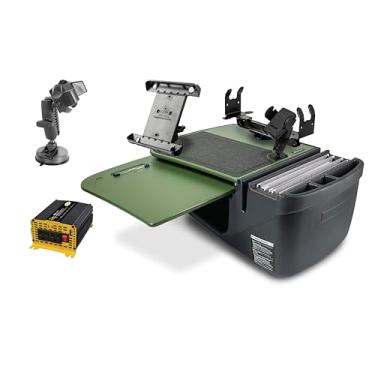 Imagem de AutoExec Mesa de carro GripMaster para sua estação de trabalho de veículo e escritório móvel, verde exército, com inversor de potência de 400 watts, suporte de impressora, suporte para telefone