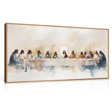 Imagem de DRACIT Grande Aquarela Jesus Cena Última Ceia Conjunto de Arte de Parede em Tela Emoldurada, Decoração de Parede de Jesus e Doze Apóstolos, Arte de História Religiosa de Natal para Sala de Estar
