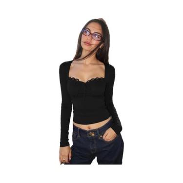 Imagem de Camiseta Crop Elegante E Sexy De Manga Longa Com Detalhes Em Renda Par