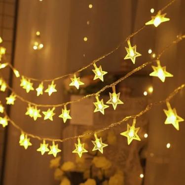 Imagem de AFUNX Luzes Star String operadas a pilha, 50 luzes LED brancas quentes de fada com modos de flash e estáveis, luzes de estrela decorativas internas para quarto, festa, casamento, Natal, decoração de