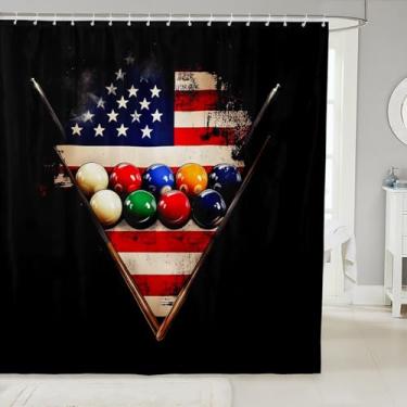 Imagem de Erosebridal Conjunto de cortina de chuveiro com 16 bolas de bilhar | Cortina de banho com estampa da bandeira americana 183 cm L x 182 C, bolas de mesa de bilhar vintage acessórios de banheiro