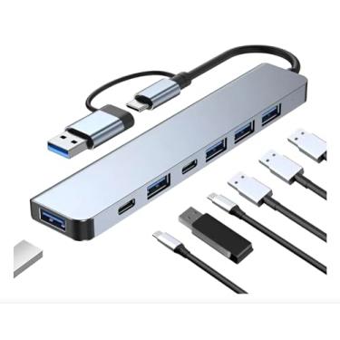 Imagem de Hub USB Tipo C 7 Portas, 4 USB 3.0, 1 USB 2.0, 2 Tipo-C, 5Gbps, Compatível com Windows e Mac