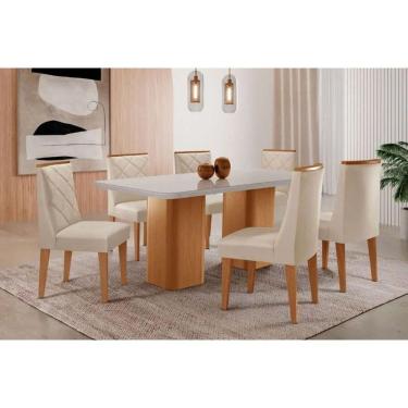 Imagem de Sala Jantar Mesa Maldivas Tampo c/ Vidro Curvo 180cm+6 Cadeiras Pietá Madeira Naturale/Off White - Capuccino/Suede Creme - Rufato