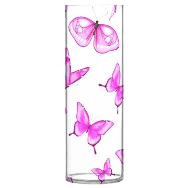 Imagem de JUZIHAI Vaso de flores com estampa de borboleta rosa 9,9 cm x 30 cm de cilindro de plástico moderno para decoração de casa de centro de mesa de casamento