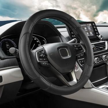 Imagem de ANMOSVO Capa de volante para Honda Civic Accord CRV HR-V Pilot Passport Odyssey| Couro de microfibra e design de segurança antiderrapante | Ajuste personalizado de 37 a 38 cm (tamanho preto padrão)