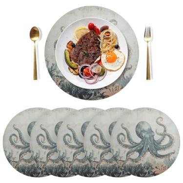 Imagem de Conjunto de 6 jogos americanos vintage de polvo, 38 cm lavável, tapete de mesa de PVC, para mesa de jantar, mesa de cozinha