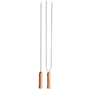 Imagem de Kit 2 Espetos Churrasco 65Cm Simples E Duplo Cabo Madeira - MOR