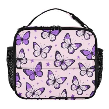 Imagem de Joisal Lancheira de borboletas roxas estrelas para mulheres, meninas, lancheira com alça de ombro, masculina, infantil, lancheira para trabalho e meninos, bolsa térmica floral