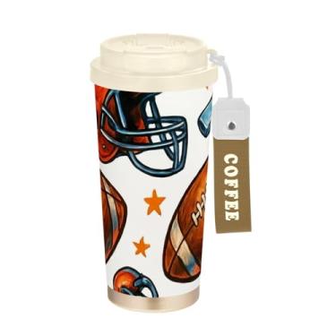 Imagem de TSENQUE Caneca de café de viagem 40 ml com canudo e tampa, copo de café de aço inoxidável à prova de vazamento para escritório, escola, festa, acampamento, bolas de futebol americano vintage, branco
