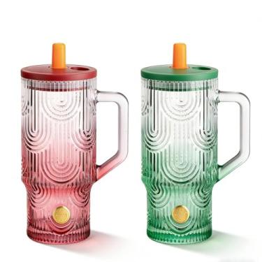 Imagem de Mualuwi Copo de 590 ml com alça, copos de vidro com tampas e canudos, à prova de vazamento, sem BPA, verde e rosa