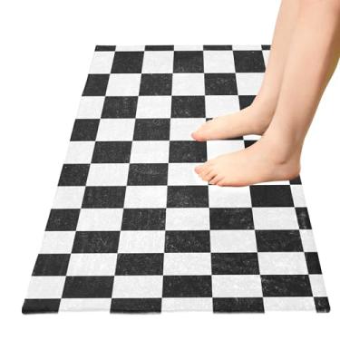 Imagem de TSENQUE Tapete de cozinha xadrez preto e branco, tapete grande para porta de entrada, tapete absorvente antiderrapante para casa e cozinha, 99 x 50 cm