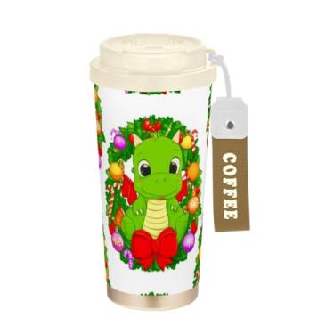 Imagem de TSENQUE Copo de café de 473 ml com tampa de canudo e filp, revestimento cerâmico, isolamento a vácuo, aço inoxidável, copo de café, à prova de vazamento, dragão verde fofo Natal