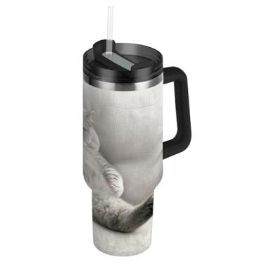 Imagem de Joisal Copo de 850 g com alça copos de aço inoxidável com tampas e canudos, garrafas de água com isolamento térmico, caneca de café quente para carros, pose engraçada de sofá de gato gordo