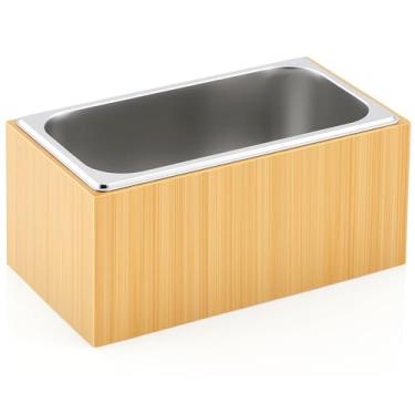 Imagem de Honeydak Caixa de gelo de aço para suporte de gelo com bandeja de bambu removível para exibição de buffets, balcão de bar, refrigerador de bebidas de festa (bambu e aço, 33 x 18 x 17 cm)