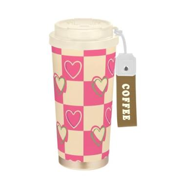 Imagem de Linda caneca de café rosa de tabuleiro de xadrez, 40 ml com canudo e tampa, canecas de café de parede dupla isoladas a vácuo com revestimento cerâmico para escritório, escola, festa, acampamento