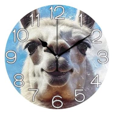 Imagem de GAIGEO Relógio de parede analógico decorativo escritório cozinha relógio redondo sem tique-taque silencioso, sala de estar decoração de parede moderna engraçado lhama branco alpaca bonito, 25 cm