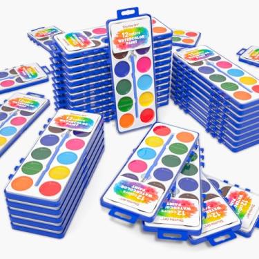 Imagem de Shuttle Art Conjunto de 60 tintas para aquarela a granel, conjunto de tinta aquarela de 12 cores com pincéis para crianças e adultos, tinta lavável para sala de aula, festas, jardim de infância e