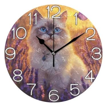 Imagem de GAIGEO Relógio de parede analógico decorativo relógio de cozinha rústico funky alimentado por bateria, decoração de parede retrô moderna art déco, gato Ragdoll fofo, roxo, 25 cm, ponteiros dourados