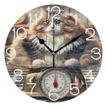 Imagem de GAIGEO Relógio de parede analógico decorativo relógio de cozinha rústico estético silencioso sem tique-taque, decoração de sala de estar, arte moderna, gato gordo engraçado, 25 cm, ponteiros dourados