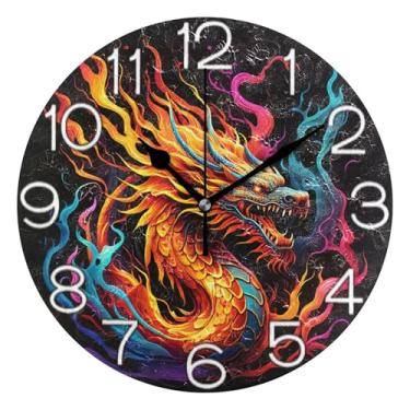 Imagem de GAIGEO Relógio de parede decorativo analógico escritório cozinha relógio operado por bateria silencioso, decoração de parede de meados do século sala de estar, arte vibrante de dragão de fogo, 25 cm