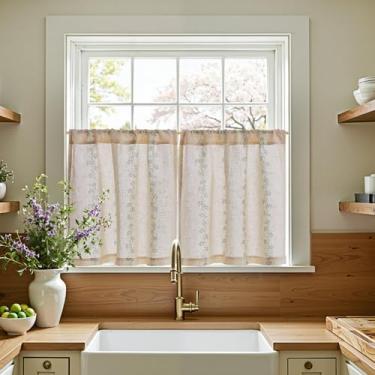 Imagem de jinchan Katy Linen Cortinas de cozinha florais de 61 cm de comprimento, listradas, cortinas de café para casa de campo, camada pequena, cortinas de janela para sala de estar, filtro de luz, bolso para