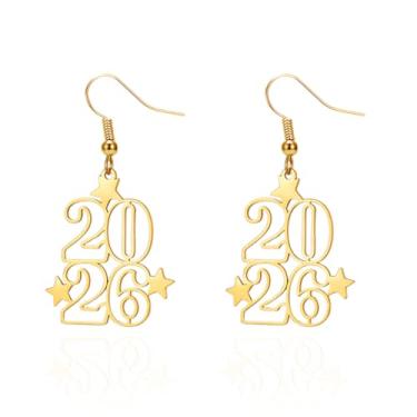 Imagem de Pingyongchang Brincos de feliz ano novo 2026 fofos com letras de metal 2026 para mulheres, Natal, véspera de Ano Novo, festiva, festa, presente, Metal, Sem pedra preciosa