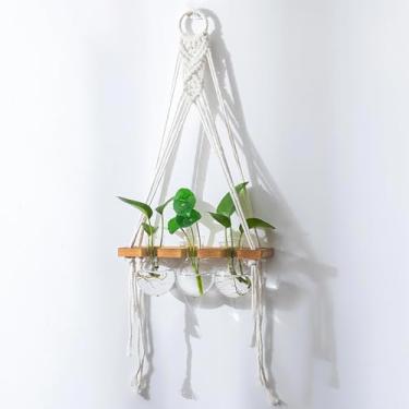 Imagem de Glasseam Estações de propagação de macramê penduradas: vasos de propagação de vidro de janela de parede para plantas hidropônicas - decoração boho frascos de terrário de plantas pequenas - presentes