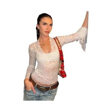 Imagem de Camiseta Bodycon De Manga Longa Em Renda Preta Transparente Para Mulhe