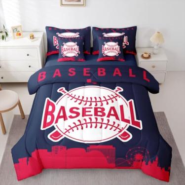 Imagem de Jogo de cama com edredom solteiro de beisebol, cidade de beisebol, 7 peças, jogos esportivos, cama em uma bolsa para quarto de crianças, adolescentes e adultos, silhueta de cidade americana, azul