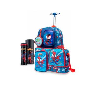 Imagem de Kit Mochila Lancheira Garrafa Estojo Marvel Homem Aranha Rodinha