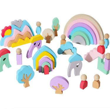 Imagem de Blocos de empilhamento de arco-íris de madeira Toy Creative Early Learning