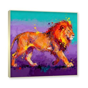 Imagem de NHLDZYH Moldura dourada. Pintura salpicada de leão pintura em tela abstrata arte animal mural vívido chama a atenção para sala de estar decoração de casa moderna. A06. 40 x 40 cm.