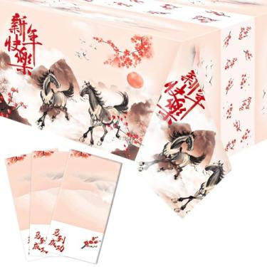 Imagem de Fancy Land 3 peças de toalha de mesa de ano novo chinês ano do cavalo descartáveis capas de mesa de plástico decorações de festival de primavera com flores de ameixa cavalo galopante para festa de ano