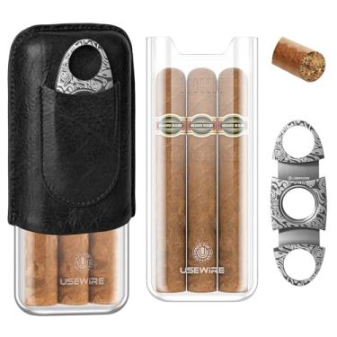 Imagem de USEWIRE Caixa de charutos, caixa de umidificador de charuto de acrílico, caixa de umidificador de viagem que comporta 3 charutos, acessórios para charutos incluindo cortadores de charutos de aço