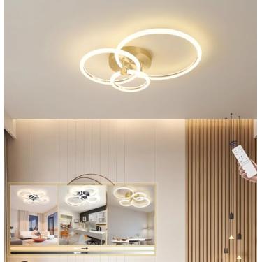 Imagem de Luminária de teto LED moderna e regulável para sala de estar, com controle remoto, design circular, ideal para quarto, sala de jantar, escritório e cozinha (dourada, 3 lâmpadas, 49W).
