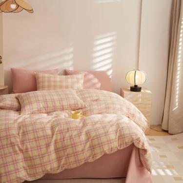 Imagem de EAVD Conjunto de capa de edredom xadrez xadrez rosa amarelo e macio, de algodão lavado, conjunto de 3 peças, estampa quadriculada moderna, conjunto de cama com 2 fronhas, fecho de zíper para todas as