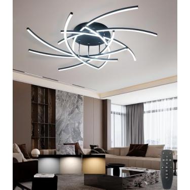 Imagem de Luminária de teto LED moderna e regulável para sala de estar com controle remoto, design criativo em espiral, lustre elegante para escritório, casa e espaços de trabalho (preta)