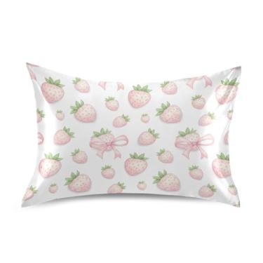 Imagem de Wassud Fronha de cetim com laços de morango creme para cabelo e pele, fronhas de seda lisa, tamanho queen, capas de almofada respiráveis com fecho de envelope