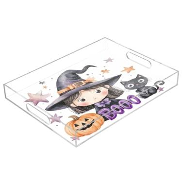 Imagem de xigua Bandeja de servir de acrílico fantasma de Halloween com alças à prova de derramamento, bandejas decorativas de festa de Halloween, bandeja organizadora de bancada para banheiro, cozinha, 30,5 x