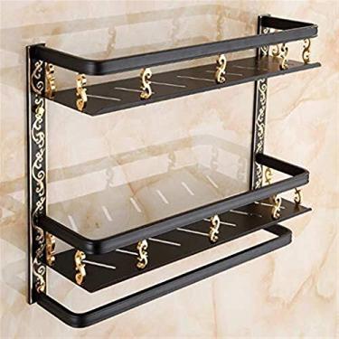 Imagem de Organizador de chuveiro requintados suportes de toalha de banheiro retrô 500 * 127 * 415 mm preto montado na parede com barra de toalha, suporte pendente de banheiro doméstico