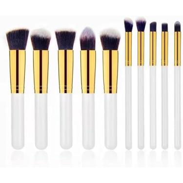 Imagem de Kit de Pincéis de Maquiagem Profissional com Cerdas Sintéticas, 10 Peças com Cabo Ergonômico Dourado, para Base, Pó e Sombras (Branco)
