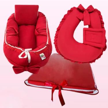 Imagem de Kit 3 Peças - Ninho Redutor para Bebê, Almofada de Amamentar e Trocador com Capa Plástica Impermeável (VERMELHO)