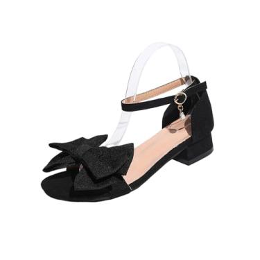 Imagem de Sandálias femininas de salto baixo com detalhe de laço com bico redondo design aberto confortável para uso casual, Preto, 36