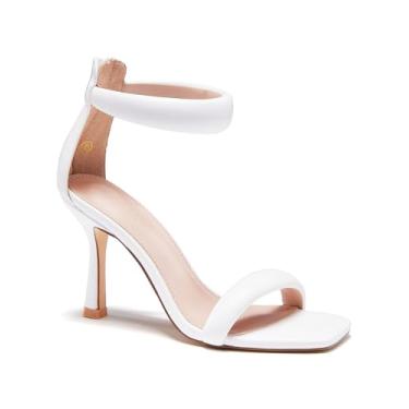Imagem de Coutgo Sandálias femininas de salto alto stiletto aberto bico quadrado tira no tornozelo sandálias de salto casamento noiva, Branco, 10